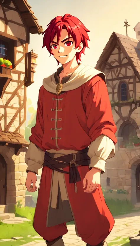 One dirty child (male) (13 years old), Tan skin, 1kid, ((slim fit muscular body: 1.5)), ((medieval villager clothing: 1.9)), bright_red hair, short hair, different eyes (heterochromia), Peasant boy, villager , Friendly Smile, heroic, slightly sloppy clothe...