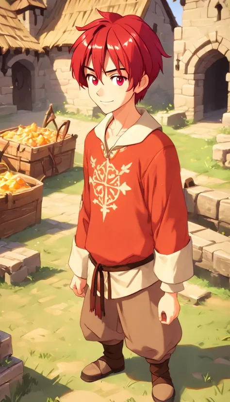 One dirty child (male) (13 years old), Tan skin, 1kid, ((slim fit muscular body: 1.5)), ((medieval villager clothing: 1.9)), bright_red hair, short hair, different eyes (heterochromia), Peasant boy, villager , Friendly Smile, heroic, slightly sloppy clothe...