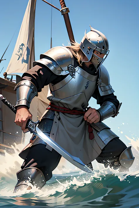 ((viking)), warrior, sea battleship, mid-day, intricate marine datail, medival era, knight armor, helmet, vinland saga reference, dinamic view, dinamic posing, battle attack, sword weapon on hand,knight helmet.knight armor