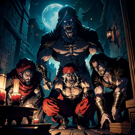 Castlevania Hyper Realistic Shadow Lord Super Detailed Dynamic Shot Master Piece of Lord Dracula Medieval Arab Warrior with Red Turban Scary Face Hokuto No Ken Structure Muscular Face Kenshiro sleeps in his bed made of legendary cochemard surrounded by dem...