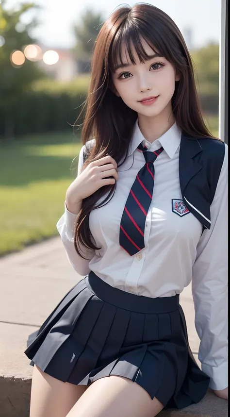 1young girls, (Extremely cute), (Highly detailed eyes, Highly detailed hair, Highly detailed face), Sexy face, Smile happily, Bangs, (High School Uniform, Pleated mini-skirt:1.2), (High school uniform fully open chest), hair blowing in wind, extremely deta...