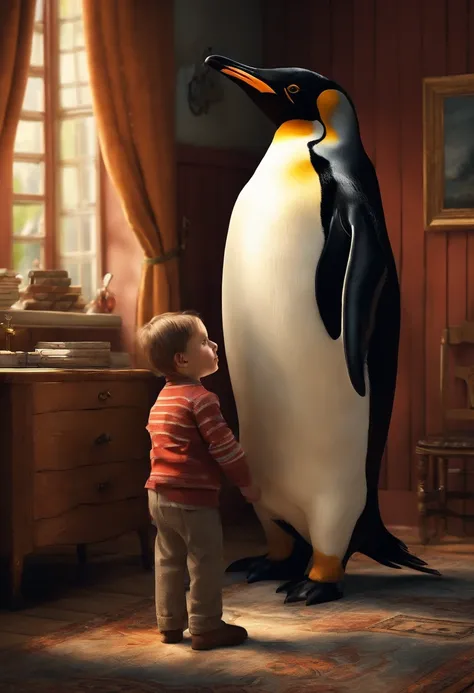 "Describe a scene in which a 7-year-old boy is in the room with a penguin. The penguin is holding the hammer in his hand. Detail the appearance of the room, the boys expression, and any interactions that are happening between the boy and the penguin. "