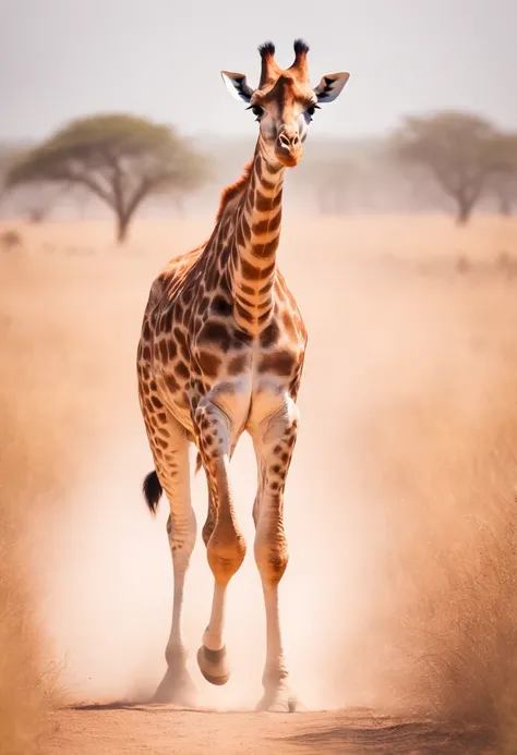 A giraffe running towards the African savannah