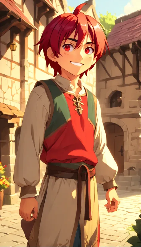 One dirty child (male) (13 years old), Tan skin, 1kid, ((slim fit muscular body: 1.5)), ((medieval villager clothing: 1.9)), bright_red hair, short hair, different eyes (heterochromia), Peasant boy, villager , Friendly Smile, heroic, slightly sloppy clothe...