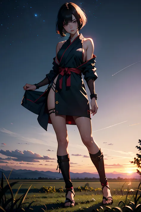 1girl, looking seductive, looking at viewer, shinobi, full body shot, open field, sunset, galaxy backdrop, beautiful, bobcut hair, sexy woman, hot