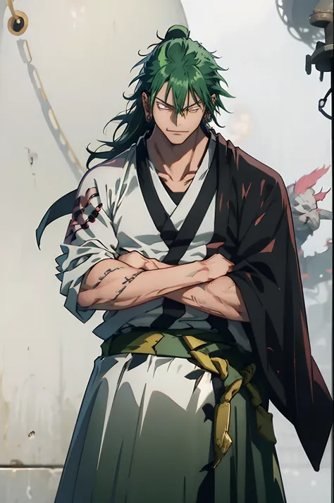 fushiguro toji, muscular male, bright green hair, menacing smile, peak of intimidation, monster, pink kimono, kesa, intimidating...