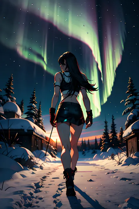 Create the iconic character Tifa Lockhart from final fantasy 7 in an epic environment, official artwork, masterpiece, illustration, snow, aurora light