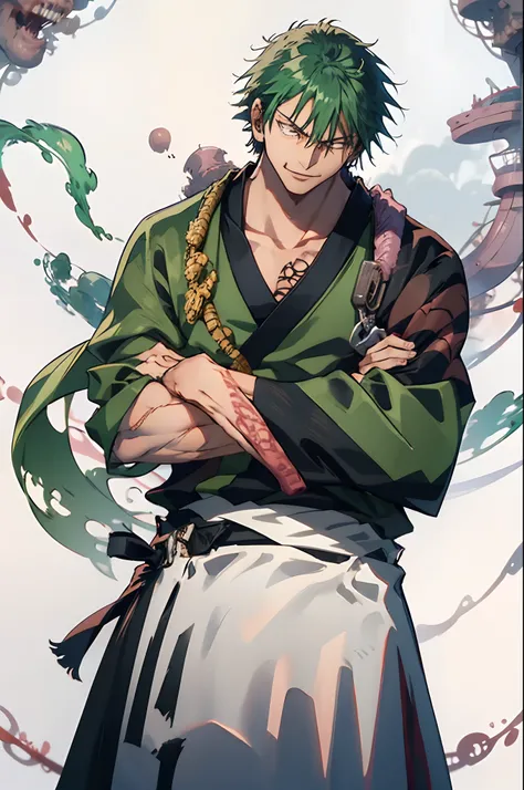 fushiguro toji, muscular male, bright green hair, menacing smile, peak of intimidation, monster, pink kimono, kesa, intimidating...