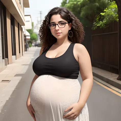 1girl, young, Jewish ethnicity, massively pregnant, huge breasts, hanging breasts, curly dark brown hair, thick black glasses, freckles on cheeks, black tank top, white patterned maxi skirt, wide-angle, (full-body shot), nervous