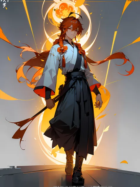 ultra detailed illustration of Zhu jin also known as Tathātā Yuanjun, hells paradise anime character, with orange flower petal shaped hair, along with long strands of stigma-like antenna, golden colored eyes, and possessed either a well-toned, muscular bod...