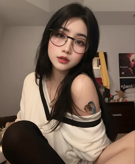 mujer con gafas y camisa blanca sentada en una cama, 18 years old, con gafas, chica coreana, 1 6 years, 2 2 years old, asian gir...