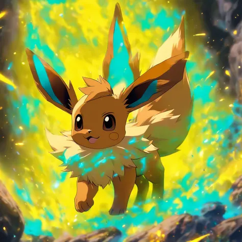 Eevee, blue rock-like body with brown limbs, jet black eyes surrounded by yellow, masterpiece, best quality