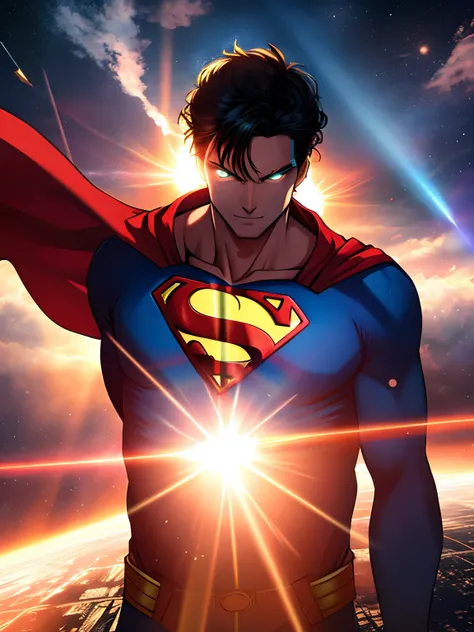 The last sun Superman in the sun with laser eyes, solar rays,epic atmosphere, in the space