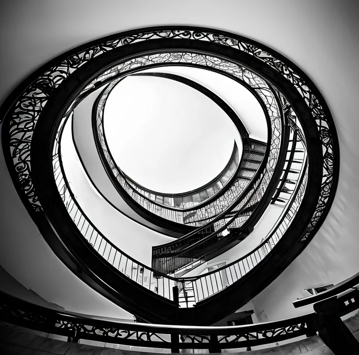 Hay dos escaleras de caracol que suben a la cima, inspirado por M.C. Escher, inspirado por M. C. Escher, inspirado por MC Escher, Mirando hacia abajo, Look down a basement staircase, Estilo MC Escher, Estilo Escher, inspirado por Rodolfo Escalera, Mirando ...