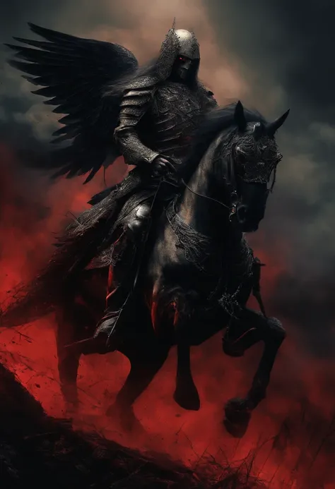 Un homme en armure sur un cheval en armure noir, le personnage a les cheveux long et noir, The character has red eyes illuminated with red color, The background is composed of an apocalyptic setting as well as a huge Christian cross. Dove flying, red dark ...