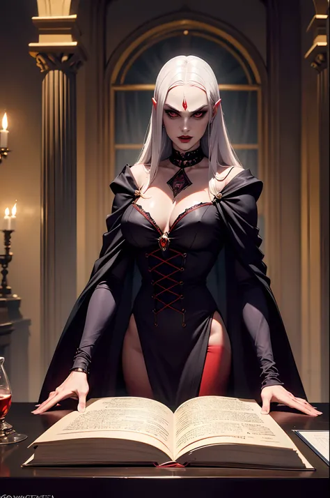 Uma personagem vampira vestindo sobretudo, maga, robe, cabelo longo, poderosa, laboratory, pergaminhos , livros, tomos, criaturas, mesa de estudos, 8k, capuz, dramatic scene, Magnificent.