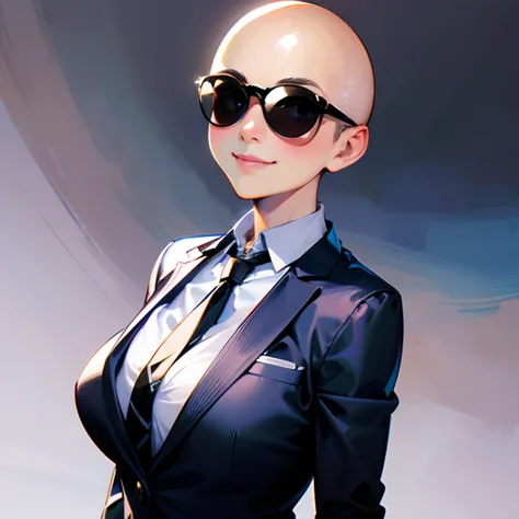 1girl, bald head, sunglasses, medium breast, suit jacket, white buttoned shirt, black tie, smile, solo, best quality, masterpiece, portrait, simple background, looking at the camera, from the front, 1result, vibrant, detailed, perfect anatomy, detailed art...