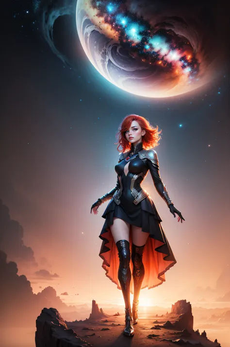 A girl with fiery red hair standing on a lush, alien planet, the sky above filled with swirling galaxies, her dress blending seamlessly with the vibrant landscape - a fusion of science fiction and surrealism.