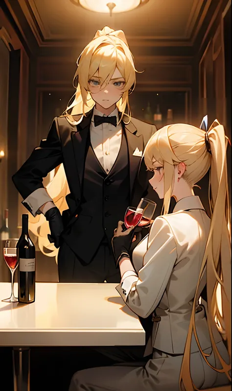 Blonde hair boy tied up curled wearing a suit next to a long blonde hair girl tied in ponytail wearing a suit the two are cleaning a glass of wine both wearing a suit and black gloves at a bar behind a table