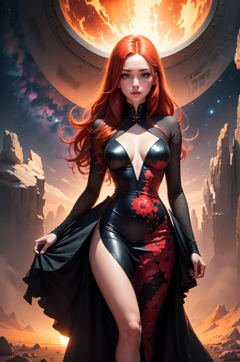 A girl with fiery red hair standing on a lush, alien planet, the sky above filled with swirling galaxies, her dress blending seamlessly with the vibrant landscape - a fusion of science fiction and surrealism.