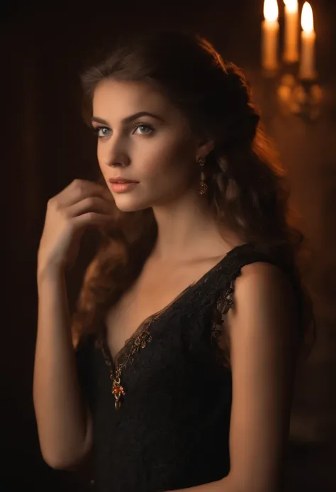 teint clair, woman about 19 years old, cheveux bruns long naturels, Yeux bruns distinctifs, Wearing kohl, mince et gracieux, beau, Candlelight in a medieval setting, Mise au point ultra nette, Realistic shooting, Clothing Short Black Sleeveless Dress,