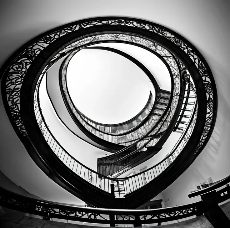 Hay dos escaleras de caracol que suben a la cima, inspirado por M.C. Escher, inspirado por M. C. Escher, inspirado por MC Escher, Mirando hacia abajo, Look down a basement staircase, Estilo MC Escher, Estilo Escher, inspirado por Rodolfo Escalera, Mirando ...