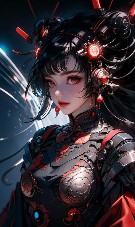 1 girl, Chinese_The clothes, liquid black titanium and red, Cyberhan, cheongsam, Cyberpunk city, dynamicpose, Detailed glowing headphones, Luminous hair accessories, Long hair, Glowing earrings, Luminous necklace, ciberpunk, City of High Technologies, full...