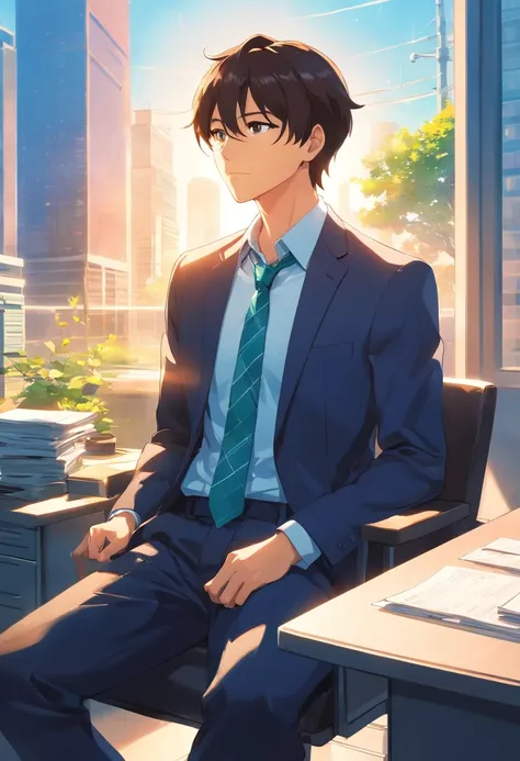 Man sitting in business attire, bright sunlight