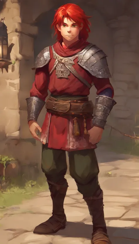 Conan Exiles style, One dirty child (male) (13 years old), Tan skin, 1kid, ((slim fit muscular body: 1.5)), ((medieval villager clothing: 1.9)), bright_red hair, short hair, Peasant boy, villager , Friendly Smile, heroic, slightly sloppy clothes, Medieval ...