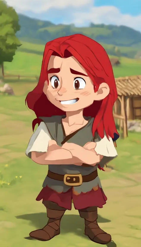 Conan Exiles style, One dirty child (male) (13 years old), Tan skin, 1kid, ((slim fit muscular body: 1.5)), ((medieval villager clothing: 1.9)), bright_red hair, short hair, Peasant boy, villager , Friendly Smile, heroic, slightly sloppy clothes, Medieval ...