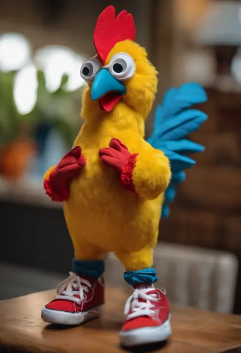 Chicken puppet wearing sneakers