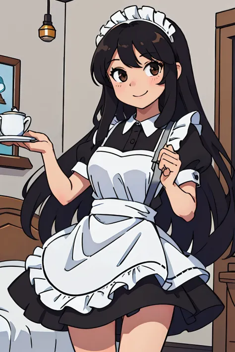 (best-quality:0.8), (best-quality:0.8), female, perfect anime illustration, black hair, long curly hair, maid, maid outfit, brown eyes, smiling, bedroom