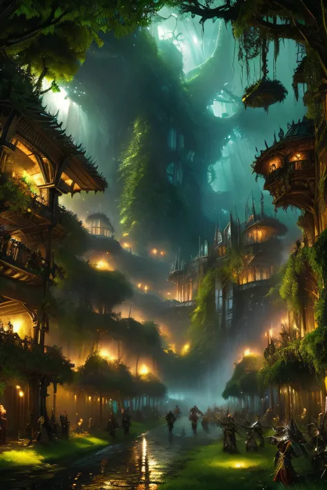 Stunning concept art for Warhammer Fantasy Battles, depicting a majestic rainy day on a sprawling forestfolk city surrounded by a lush jungle canopy dripping from the rain. Images show intricate buildings, bridges covered in lush vines and fireflies. Reali...