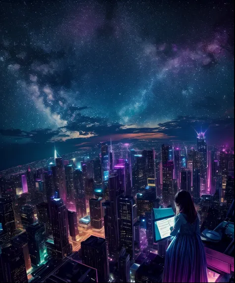 Sheet music playback、Colorful sheet music is played、Cute girl characters、 Night view from a high place、Drawing a large number of skyscrapers, Looking up at the starry sky. Surround her with colorful nebulae and colorful metropolis.