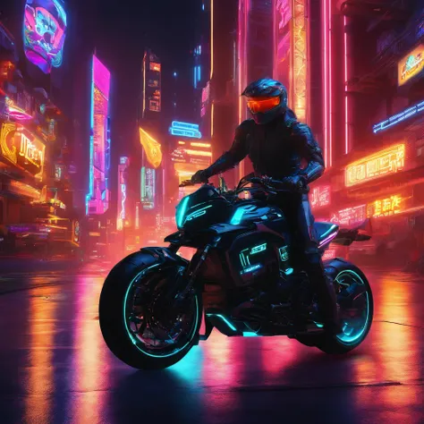 Motocicleta estilo Tron, Preto e cor neon, It has an intricate mechanical structure and luminescent parts. fundo simples, Lighting style: Public lighting. Palavras de fantasia: poderoso, Elegante, Futuristic, chassi exposto, Tron Halo，Lifan V16Plus，a motoc...