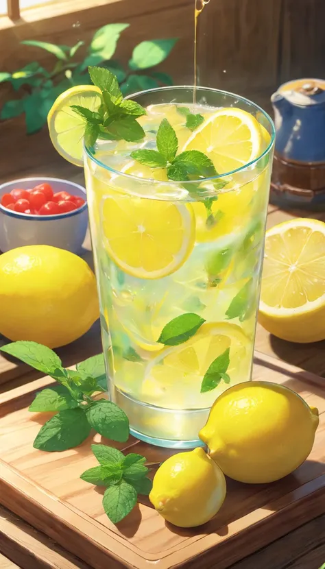 a glass of lemon juice、bloo、Refrigeration effect、On a wooden tray、Two lemons and mint leaves、Next to the green and red straws、Ultra-realistic food images、Complete theme shown in the picture、Randy Post、surrealistic」、surrealistic&quot;、high-resolution photo