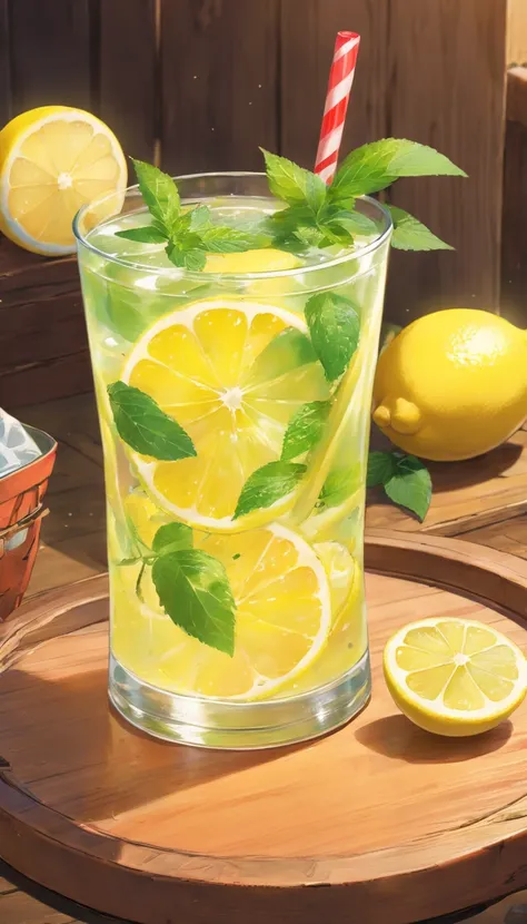 a glass of lemon juice、bloo、Refrigeration effect、On a wooden tray、Two lemons and mint leaves、Next to the green and red straws、Ultra-realistic food images、Complete theme shown in the picture、Randy Post、surrealistic」、surrealistic&quot;、high-resolution photo