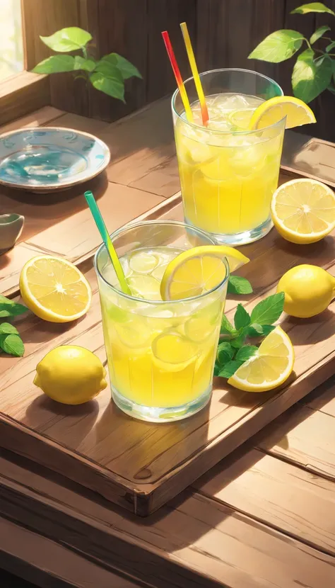 a glass of lemon juice、bloo、Refrigeration effect、On a wooden tray、Two lemons and mint leaves、Next to the green and red straws、Ultra-realistic food images、Complete theme shown in the picture、Randy Post、surrealistic」、surrealistic&quot;、high-resolution photo