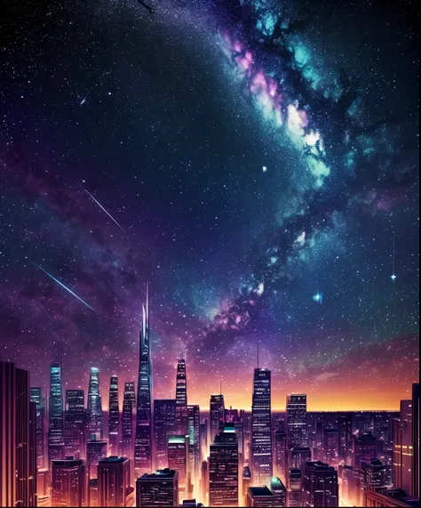 Sheet music playback、Colorful sheet music is played、Cute girl characters、 Night view from a high place、Drawing a large number of skyscrapers, Looking up at the starry sky. Surround her with colorful nebulae and colorful metropolis.