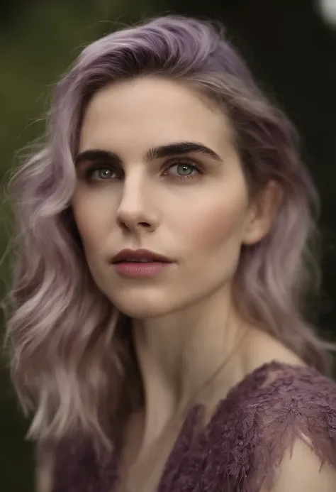 Brit Marling, (best quality:1.5), (shredded and cropped purple hair), (blushed cheek, eyeliner, brown eyeliner and eye shadow), (clear eyes), textured skin, [hyper realistic],  face close, 80mm, soft focus , film grain:1.2