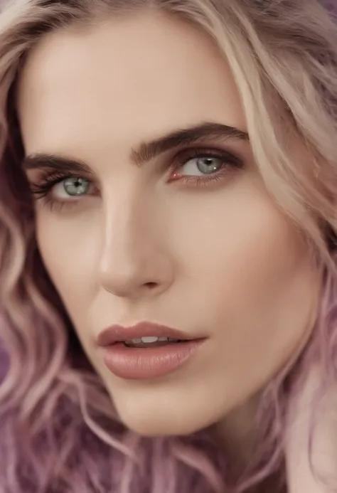 Brit Marling, (best quality:1.5), (shredded and cropped purple hair), (blushed cheek, eyeliner, brown eyeliner and eye shadow), (clear eyes), textured skin, [hyper realistic],  face close, 80mm, soft focus , film grain:1.2