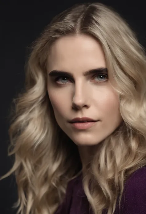 Brit Marling, (best quality:1.5), (shredded and cropped purple hair), (blushed cheek, eyeliner, brown eyeliner and eye shadow), (clear eyes), textured skin, [hyper realistic],  face close, 80mm, soft focus , film grain:1.2