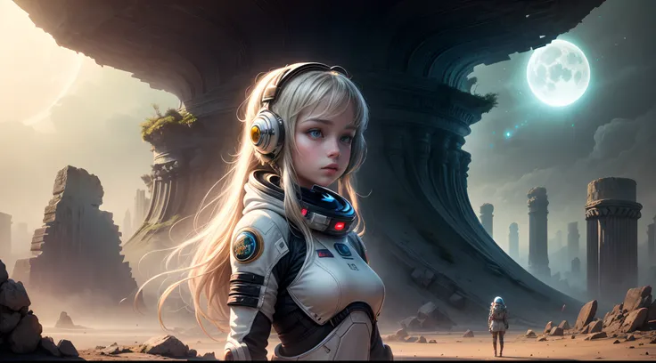 An otherworldly landscape bathed in the soft, ethereal light of multiple moons, where a closeup girl in a futuristic spacesuit gazes up in wonder, surrounded by floating islands and ancient, mysterious ruins.