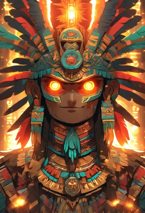 (((Huitzilopochtli))) best quality, ultra-high resolution, 4K detailed CG, masterpiece, Mayan god,feather shield,fire serpent Aztec mythology, Mexico, aesthetics, ((Feather shield)), beautiful image, centered on the screen