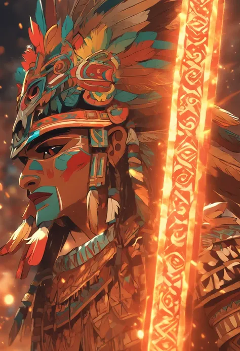 (((Huitzilopochtli))) best quality, ultra-high resolution, 4K detailed CG, masterpiece, God of war, shield, fire serpent, feathers, Aztec mythology, Mexica, aesthetics, ((War shield)) , beautiful image , centered on the screen