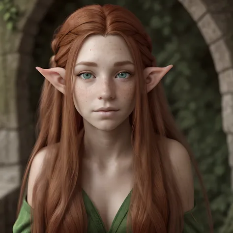 An elf with long hair red freckles look shy