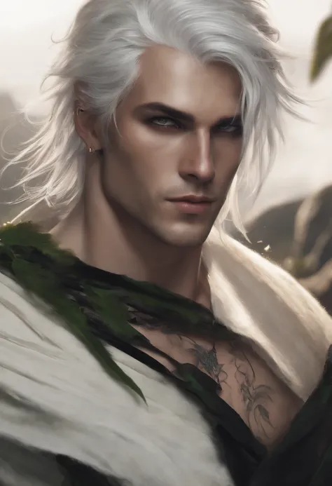 1 man, straight white hair with black highlights, he is shirtless and wearing black pants, bright green eyes, he has black tattoos on his body and is injured, destruction, white aura, crater, blood.