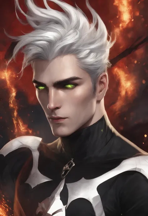 1 man, straight white hair with black highlights, he is shirtless and wearing black pants, bright green eyes, he has black tattoos on his body and is injured, destruction, white aura, crater, blood.