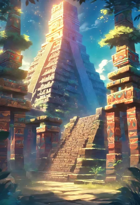 (((Aztec city))) best quality, ultra-high resolution, 4K detailed CG, masterpiece, city,temple,forest,moonlight,Aztec mythology, Mexica, aesthetic, ((distant view)), beautiful image, centered on the screen