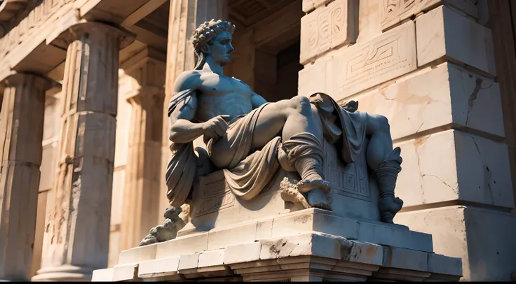 Ancient Greek statue with angry expression, Outside, com rosto extremamente detalhado full body view, Colors with low saturation with dark tone, Filmado em Sony A7S III com Sony FE 35mm f/1.8, 12.1 MP, --AR 3:2 --estilo cru